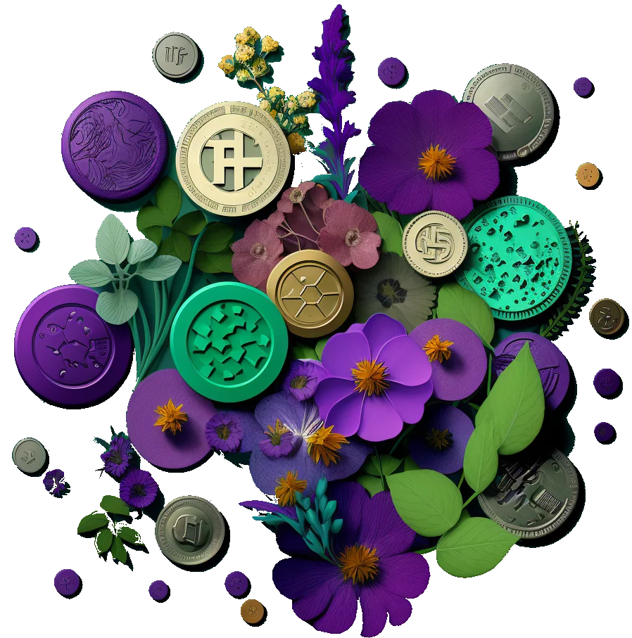 A colorful bouquet illustration blending flowers, coins and futuristic garden motifs